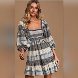 Free People All Lined Up Blue Multi Striped Puff Sleeve Mini Dress